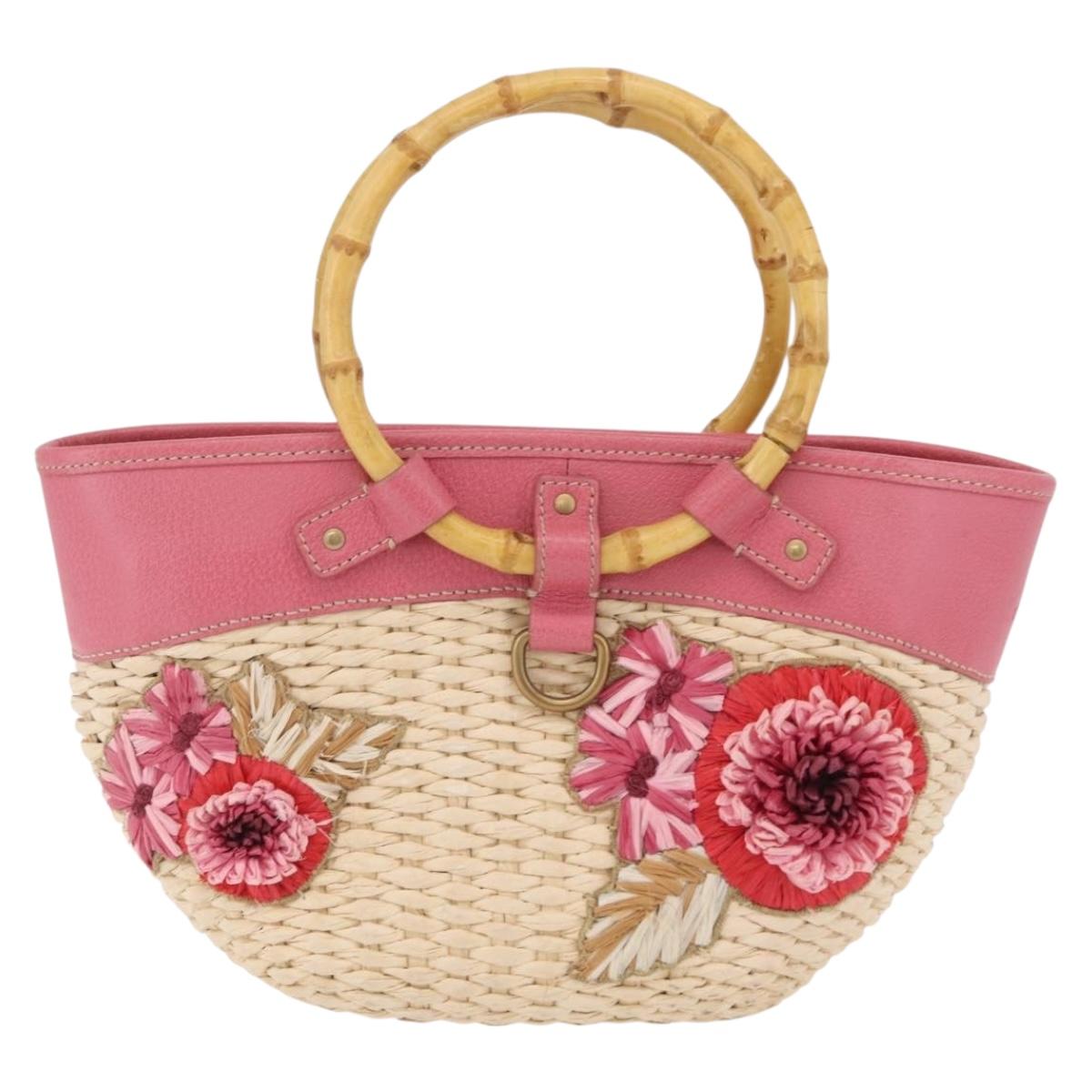 Miu Miu Bamboo Hand Bag Raffia Pink Gold Auth 208220A