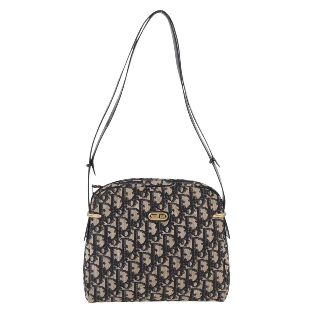 Christian Dior Trotter Canvas Shoulder Bag Navy Gold Auth 208233