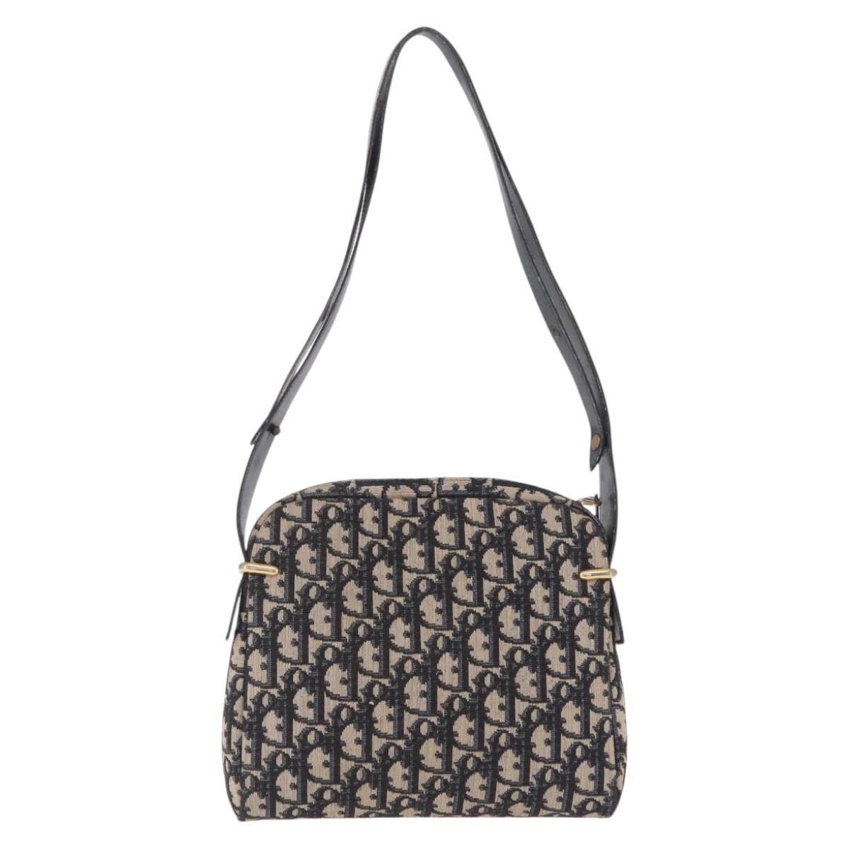 Christian Dior Trotter Canvas Shoulder Bag Navy Gold Auth 208233