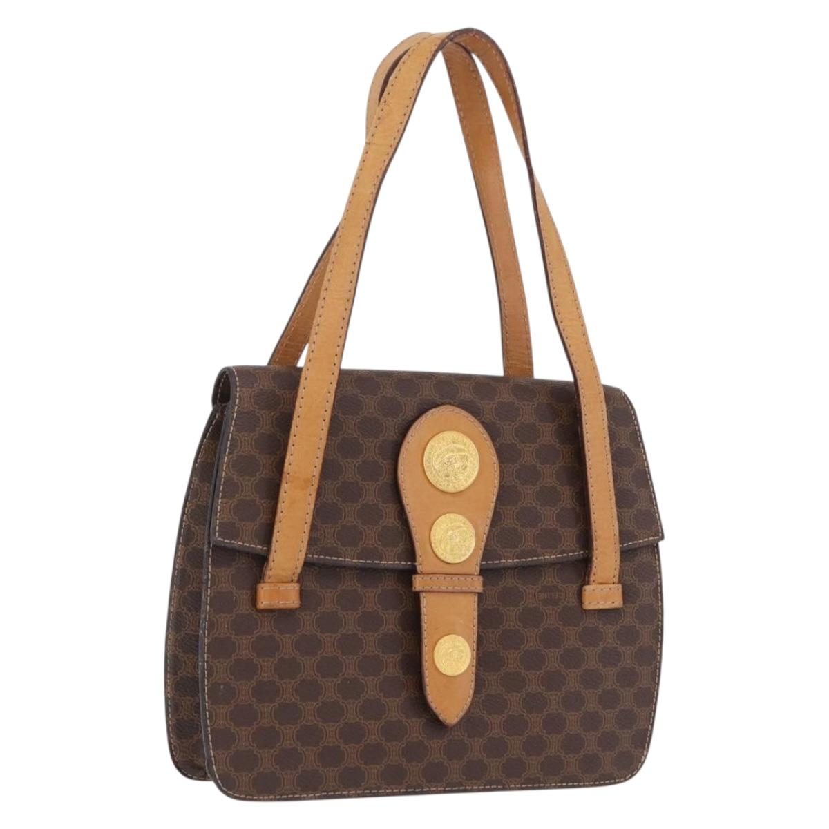 CELINE Macadam Canvas Medallion Hand Bag PVC Leather Brown Gold Auth 208236
