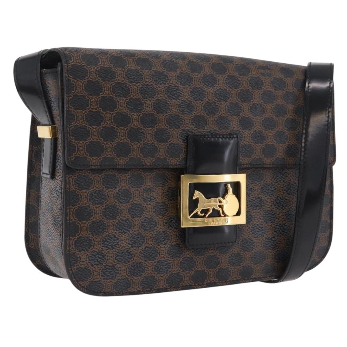 CELINE Macadam Canvas Horse Carriage Bag PVC Leather Black Gold Auth 208237V
