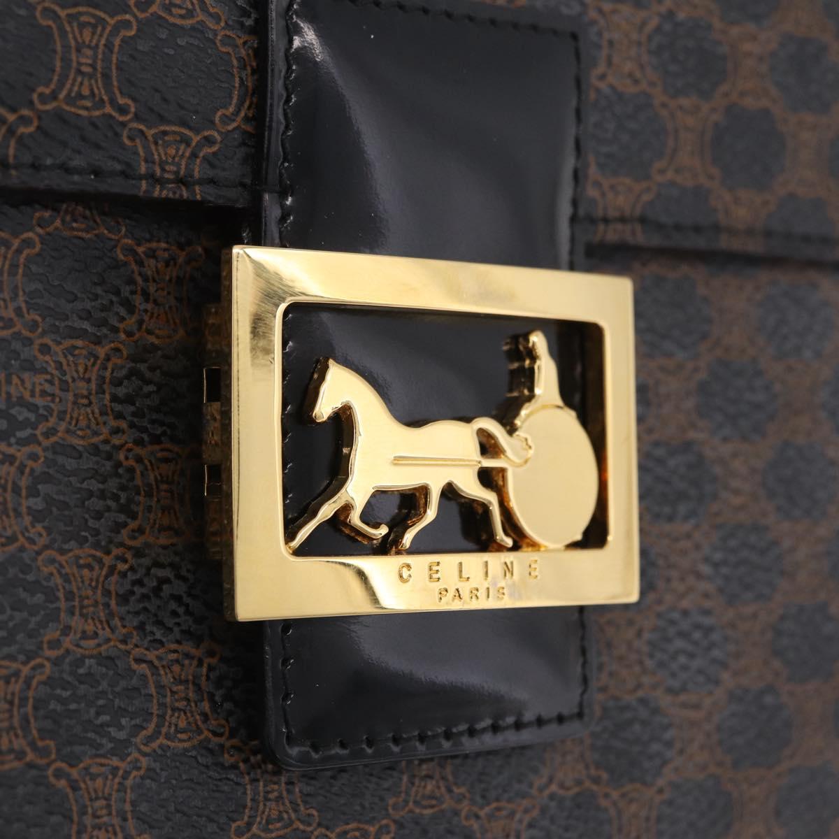 CELINE Macadam Canvas Horse Carriage Bag PVC Leather Black Gold Auth 208237V