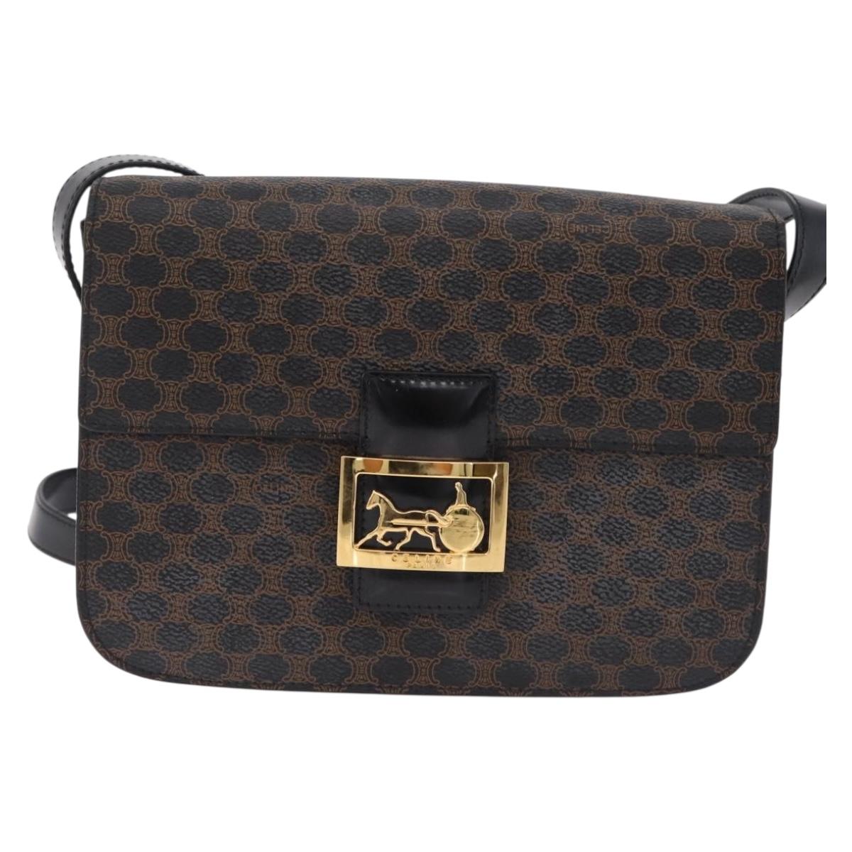 CELINE Macadam Canvas Horse Carriage Bag PVC Leather Black Gold Auth 208237V