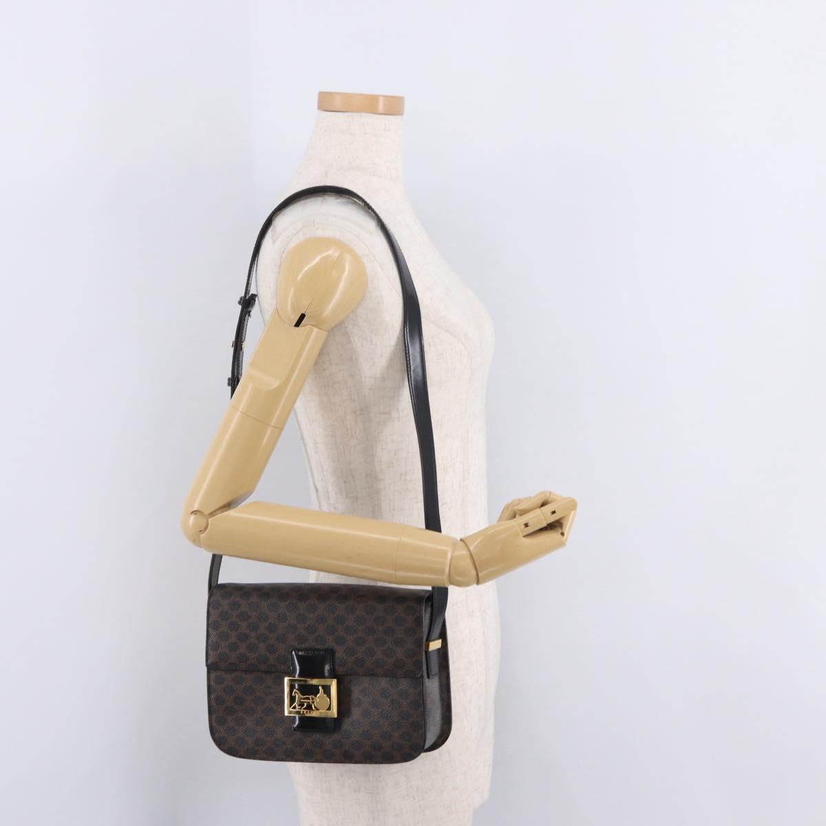 CELINE Macadam Canvas Horse Carriage Bag PVC Leather Black Gold Auth 208237V