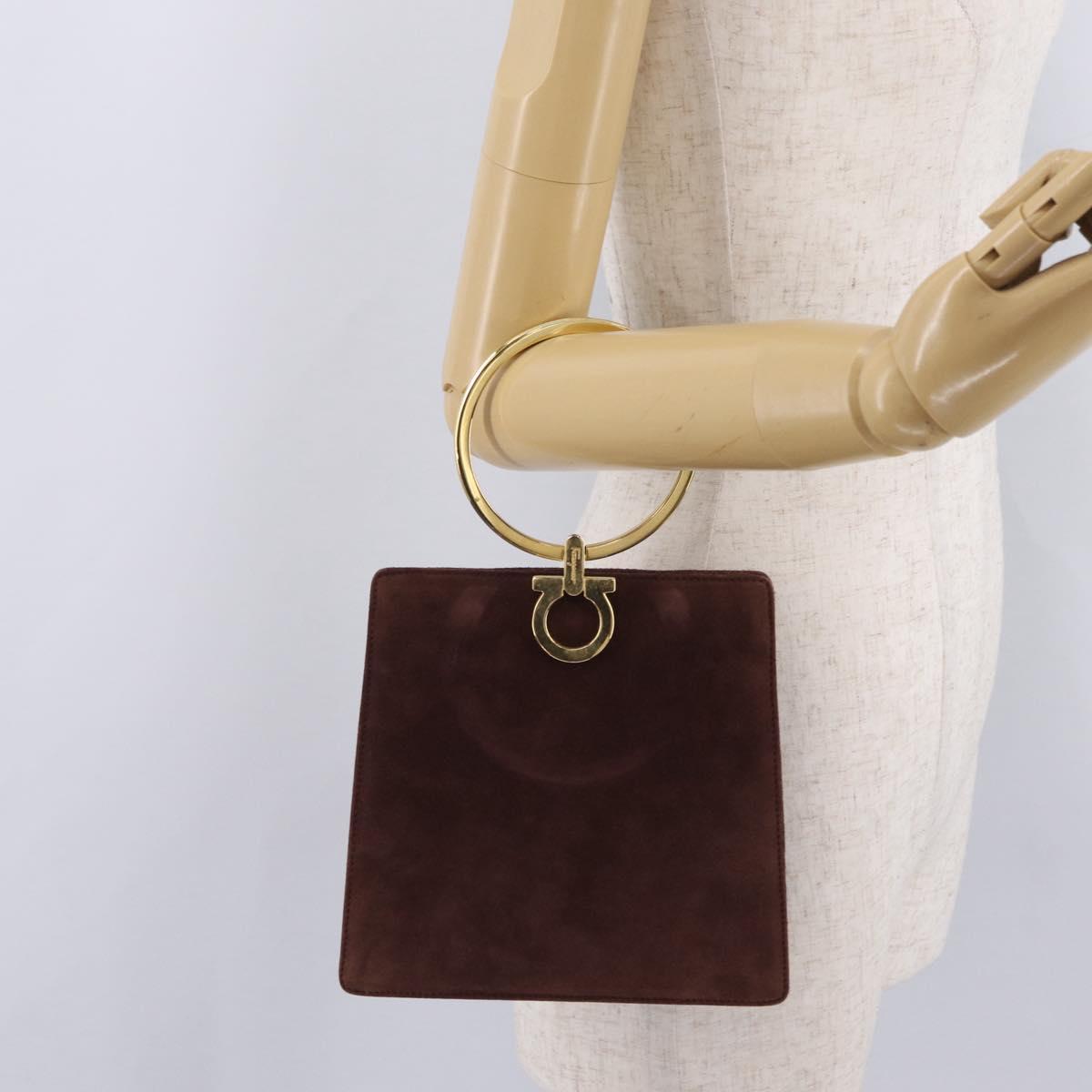 Salvatore Ferragamo Gancini Hand Bag Suede Beige Gold Auth 208241A