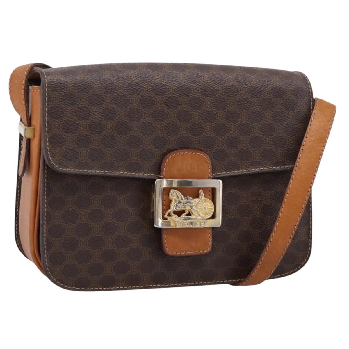 CELINE Macadam Canvas Horse Carriage Bag PVC Leather Brown Gold Auth 208243