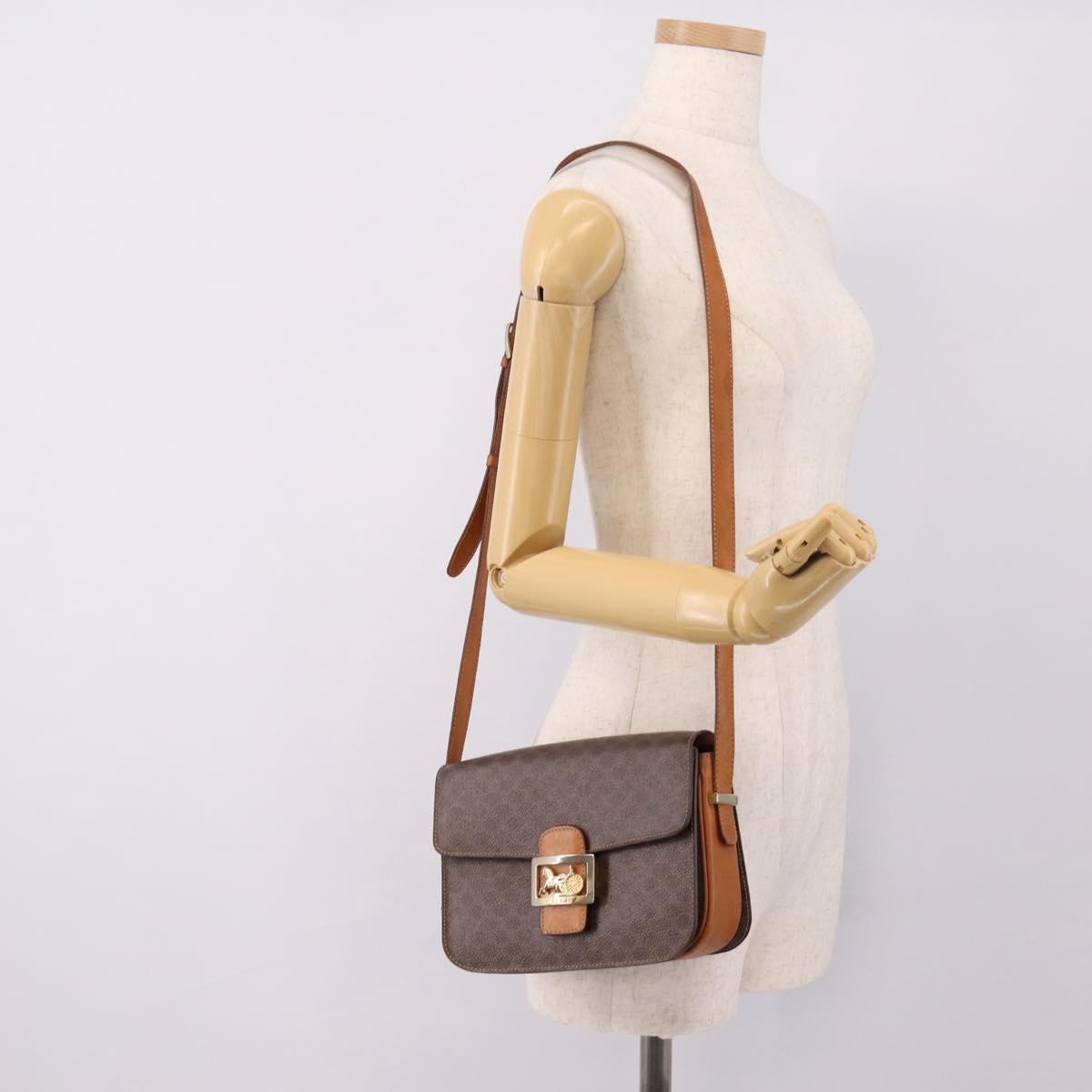 CELINE Macadam Canvas Horse Carriage Bag PVC Leather Brown Gold Auth 208243