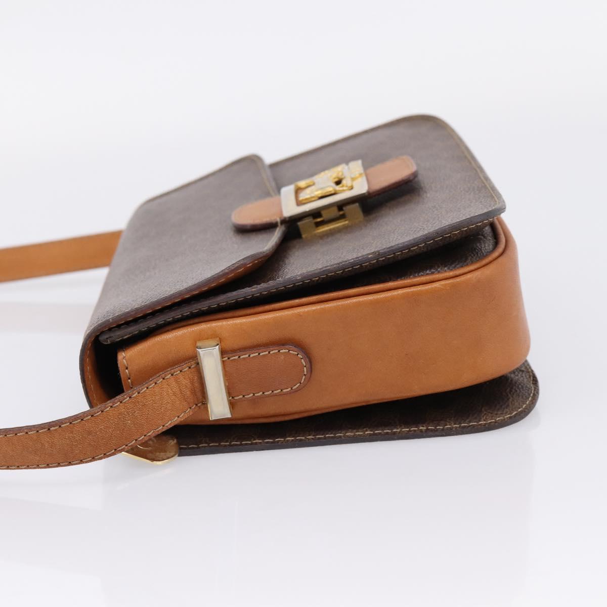 CELINE Macadam Canvas Horse Carriage Bag PVC Leather Brown Gold Auth 208243