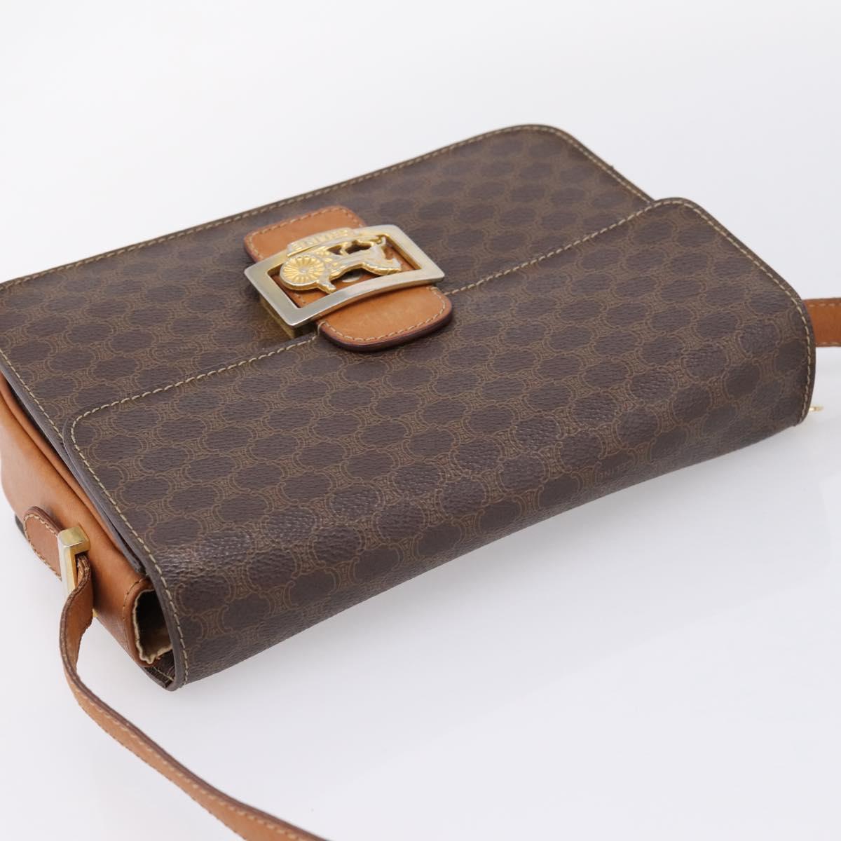 CELINE Macadam Canvas Horse Carriage Bag PVC Leather Brown Gold Auth 208243