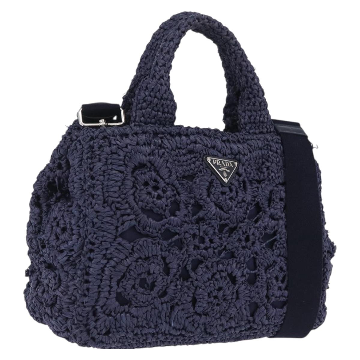 PRADA Hand Bag Raffia 2way Navy Silver Auth 208246