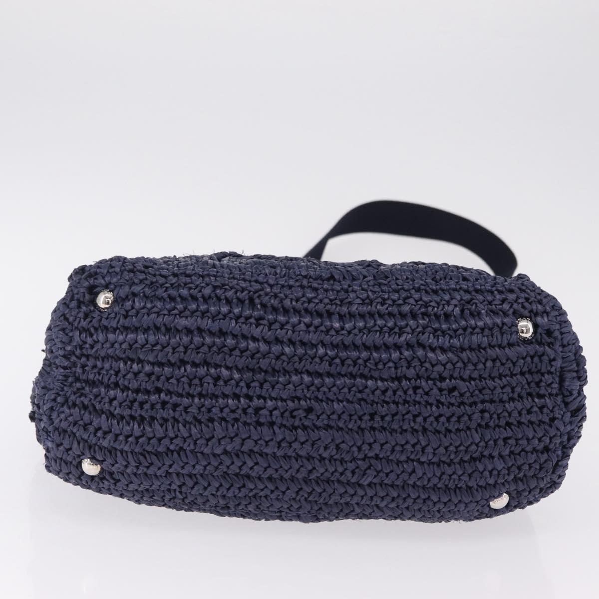 PRADA Hand Bag Raffia 2way Navy Silver Auth 208246