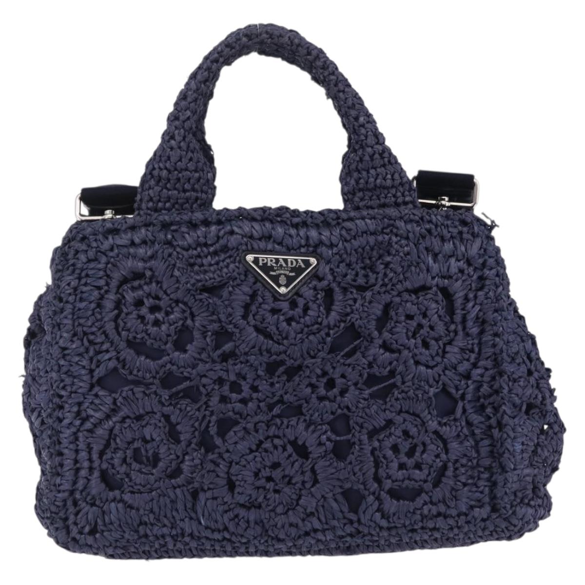 PRADA Hand Bag Raffia 2way Navy Silver Auth 208246