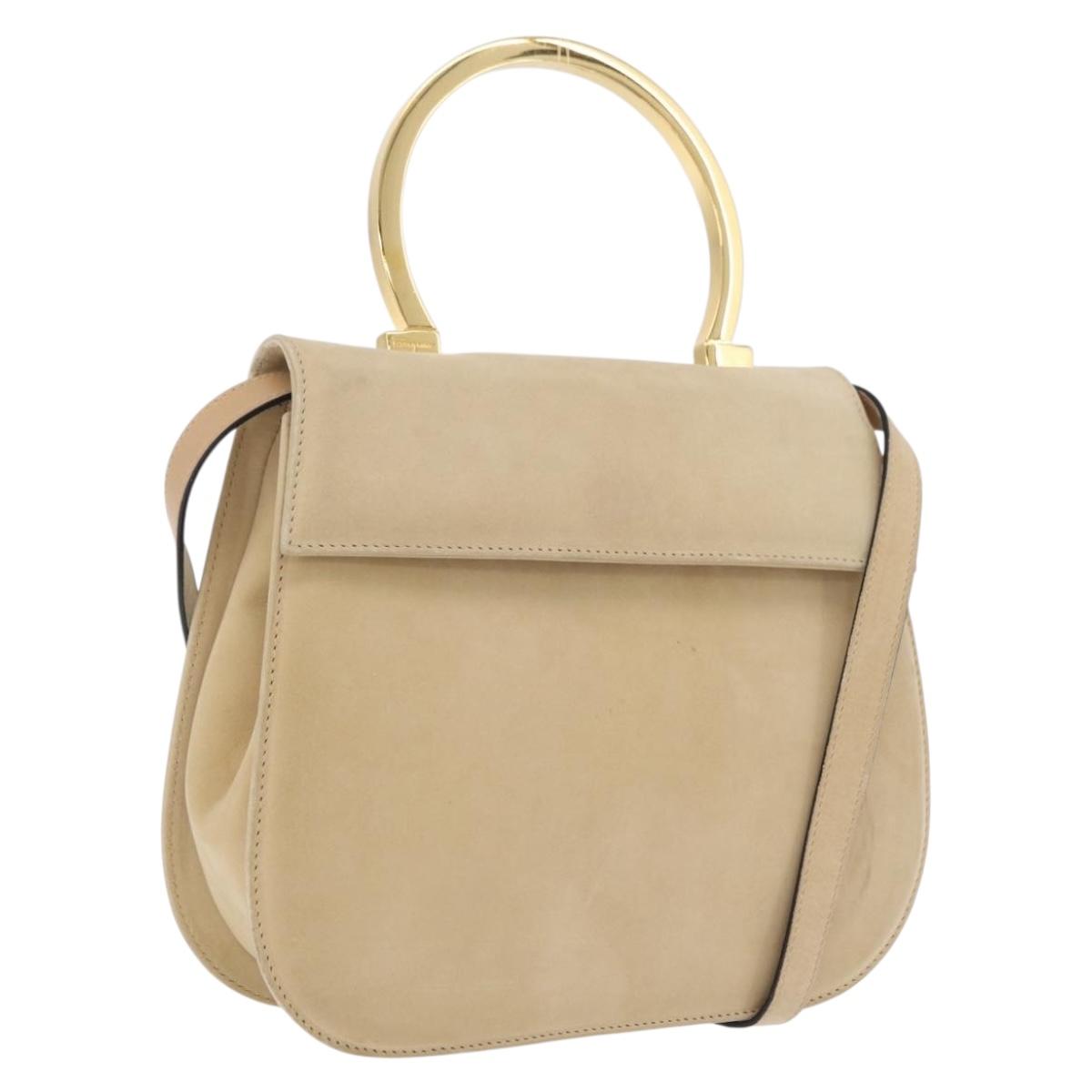 Salvatore Ferragamo Gancini Hand Bag Suede 2way Beige Gold Auth 208260A
