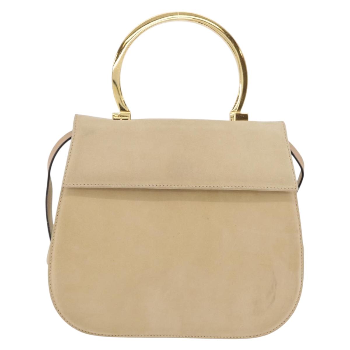 Salvatore Ferragamo Gancini Hand Bag Suede 2way Beige Gold Auth 208260A