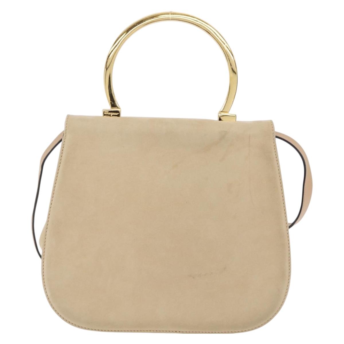 Salvatore Ferragamo Gancini Hand Bag Suede 2way Beige Gold Auth 208260A