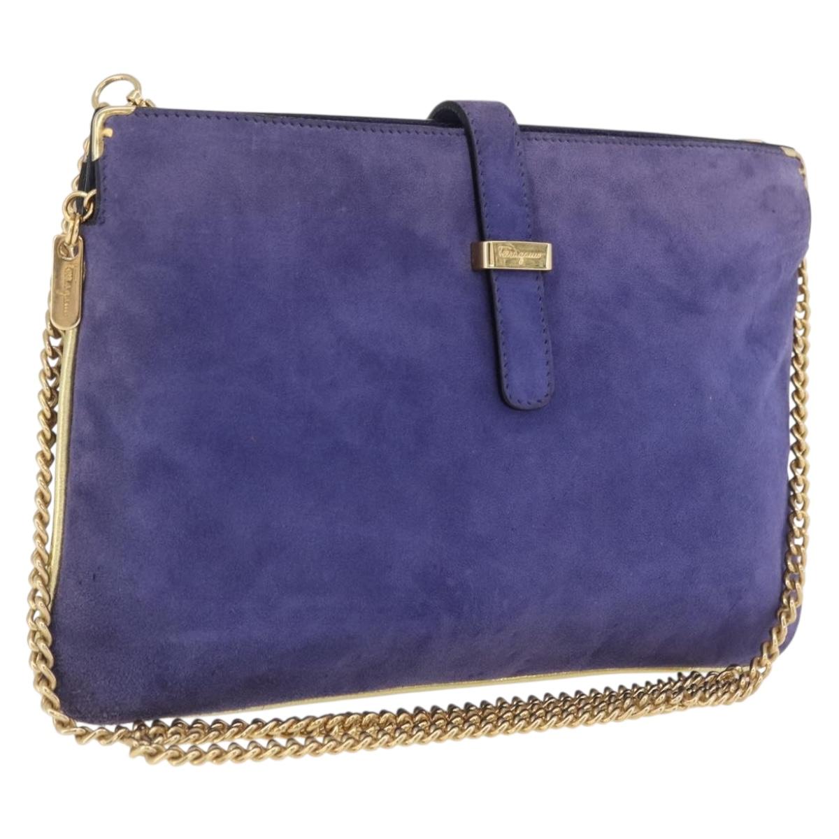Salvatore Ferragamo Chain Shoulder Bag Suede Purple Gold Auth 208261A