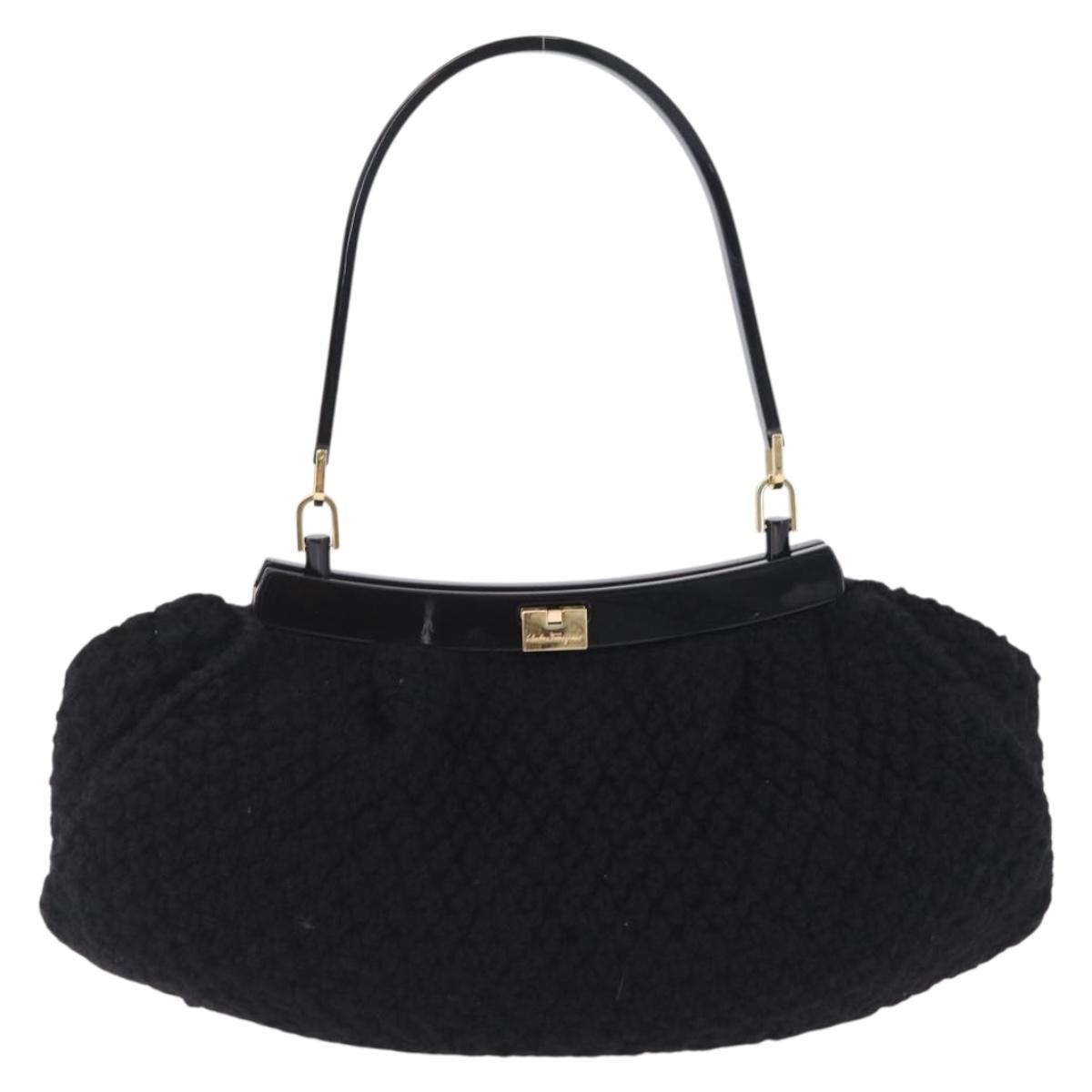 Salvatore Ferragamo Shoulder Bag Wool Black Gold Auth 208263A