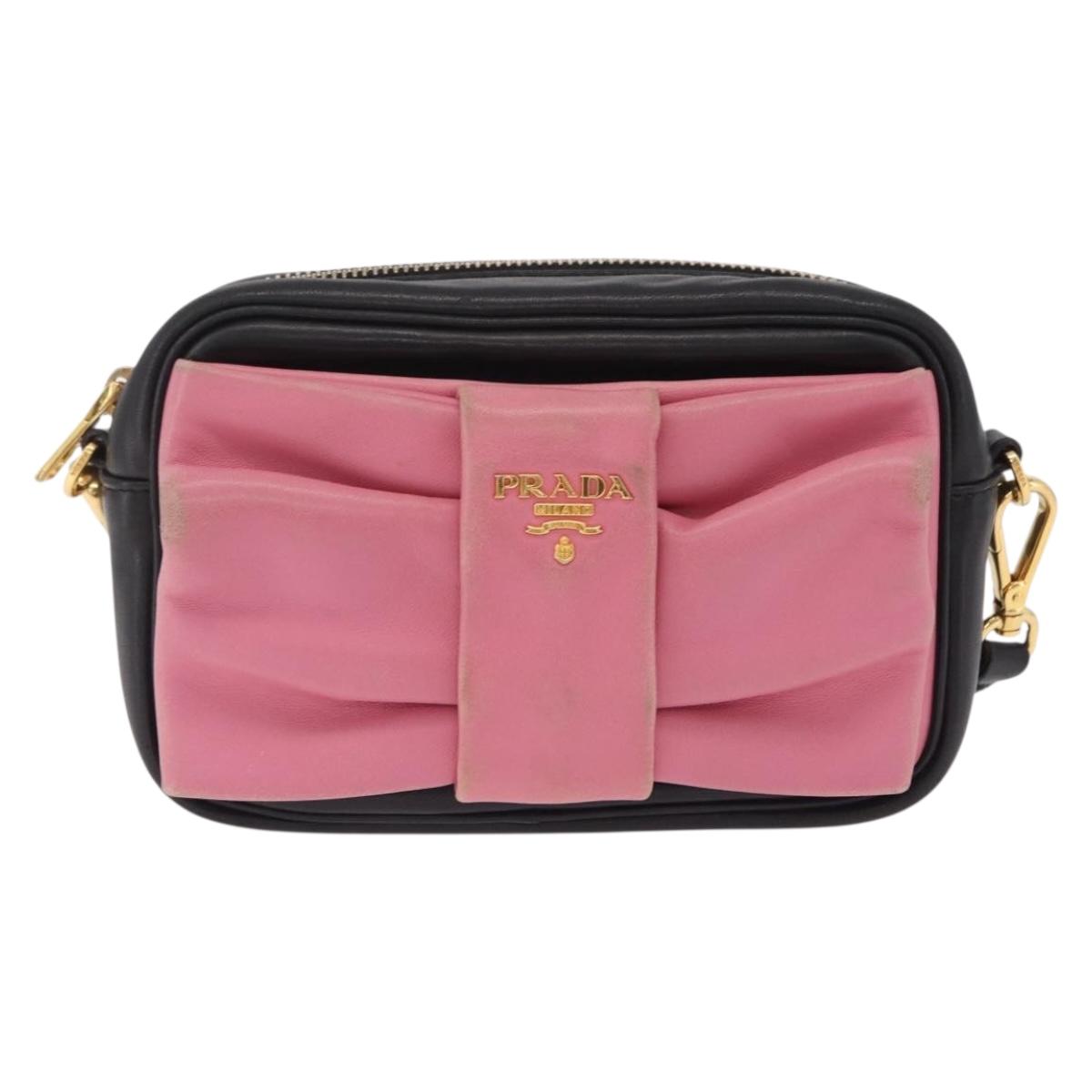 PRADA Ribbon Shoulder Bag Leather Black Pink Auth 208264A