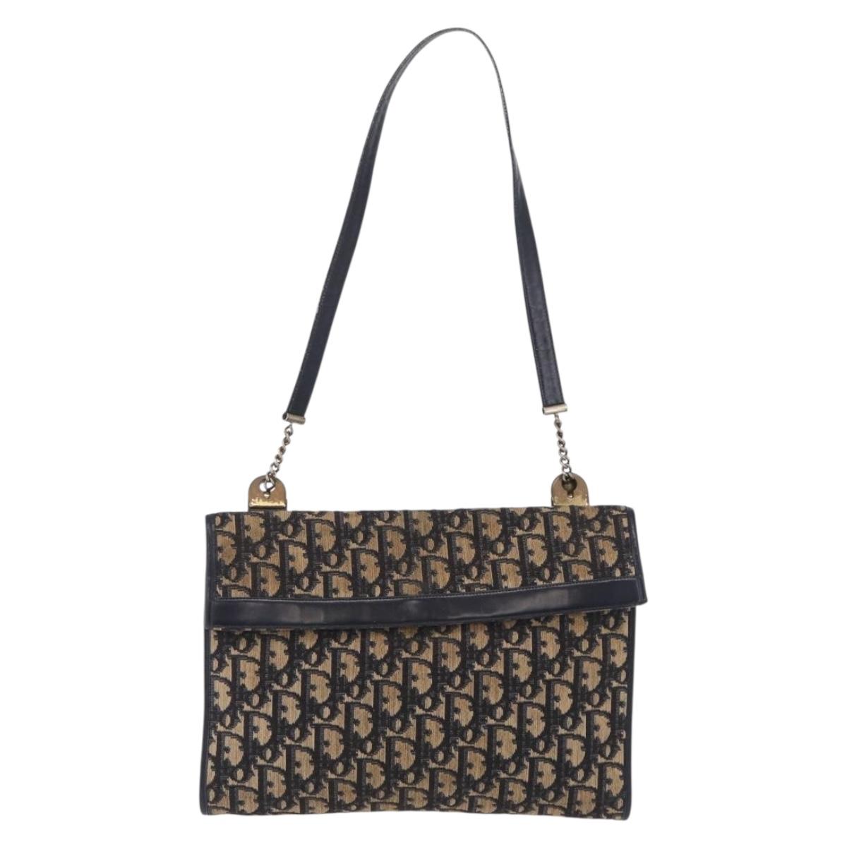 Christian Dior Trotter Canvas Shoulder Bag Navy Gold Auth 208265