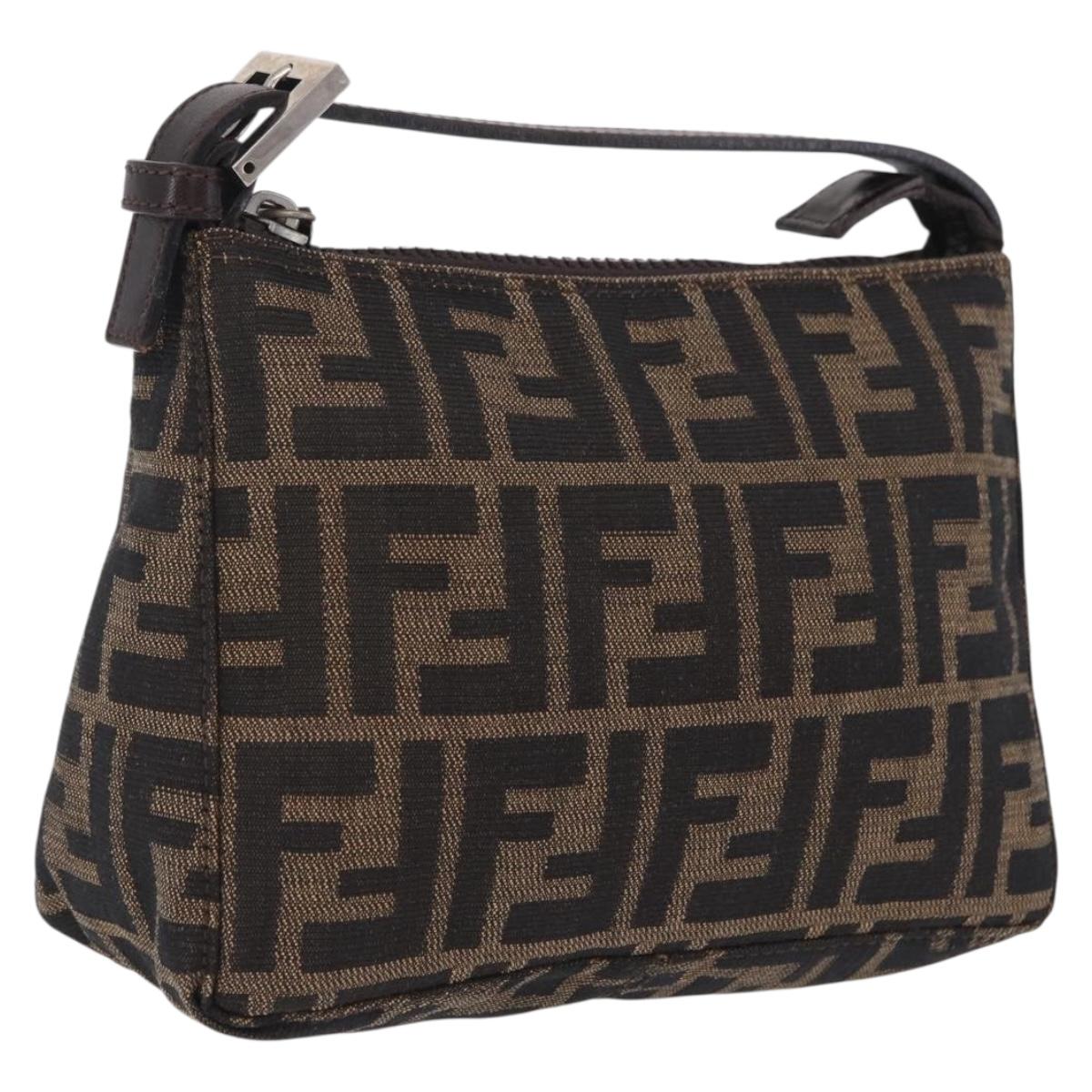 FENDI Zucca Canvas Hand Pouch Black Brown Auth 208269