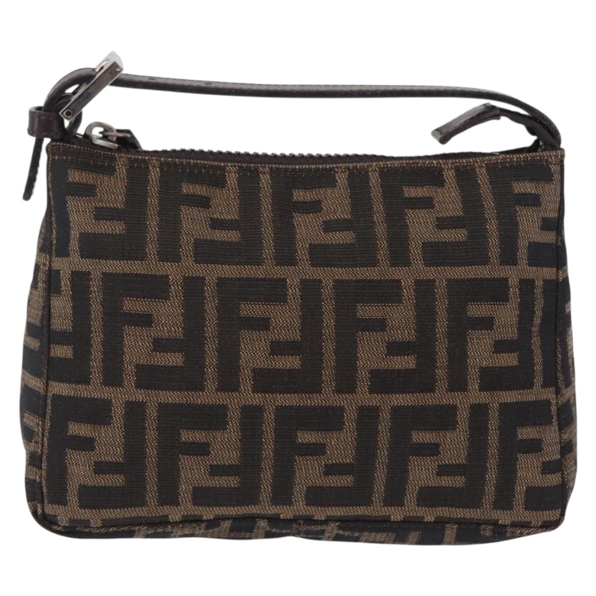 FENDI Zucca Canvas Hand Pouch Black Brown Auth 208269