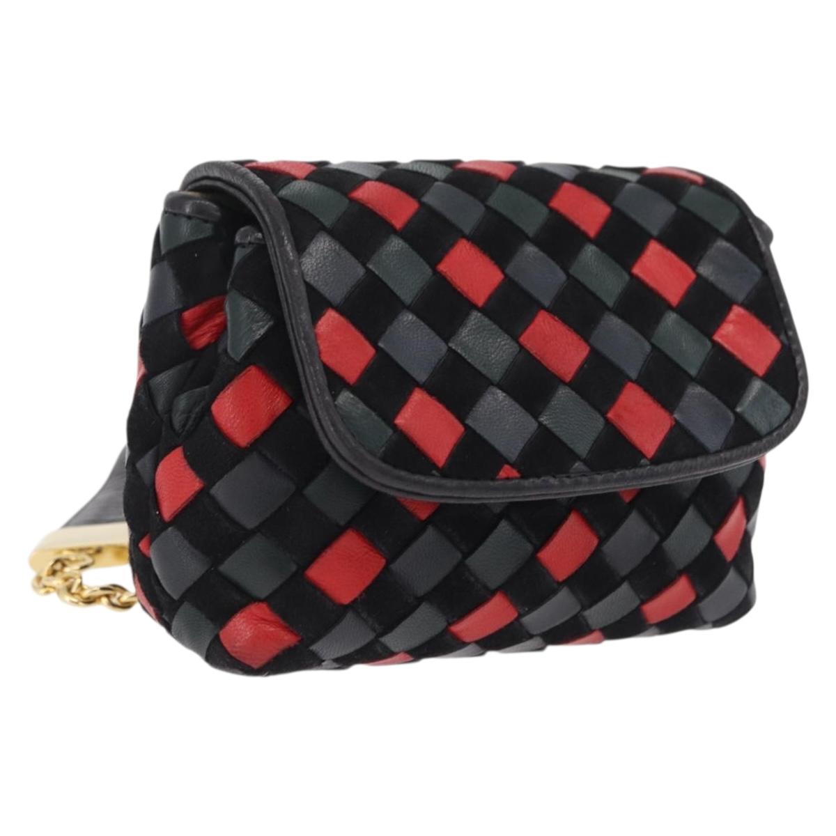 Bottega Veneta INTRECCIATO Chain Shoulder Pouch Leather Black Gold Auth 208281A