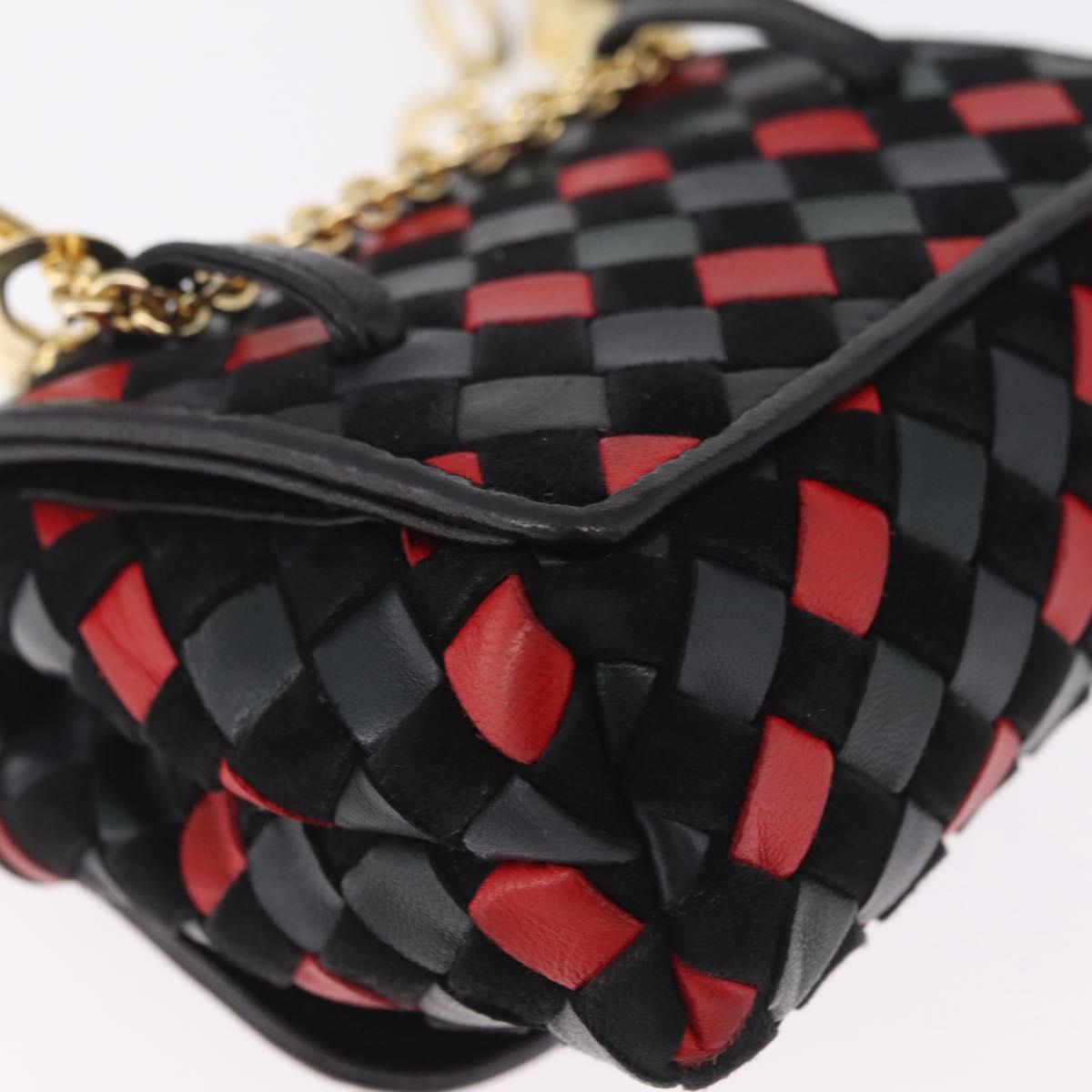 Bottega Veneta INTRECCIATO Chain Shoulder Pouch Leather Black Gold Auth 208281A