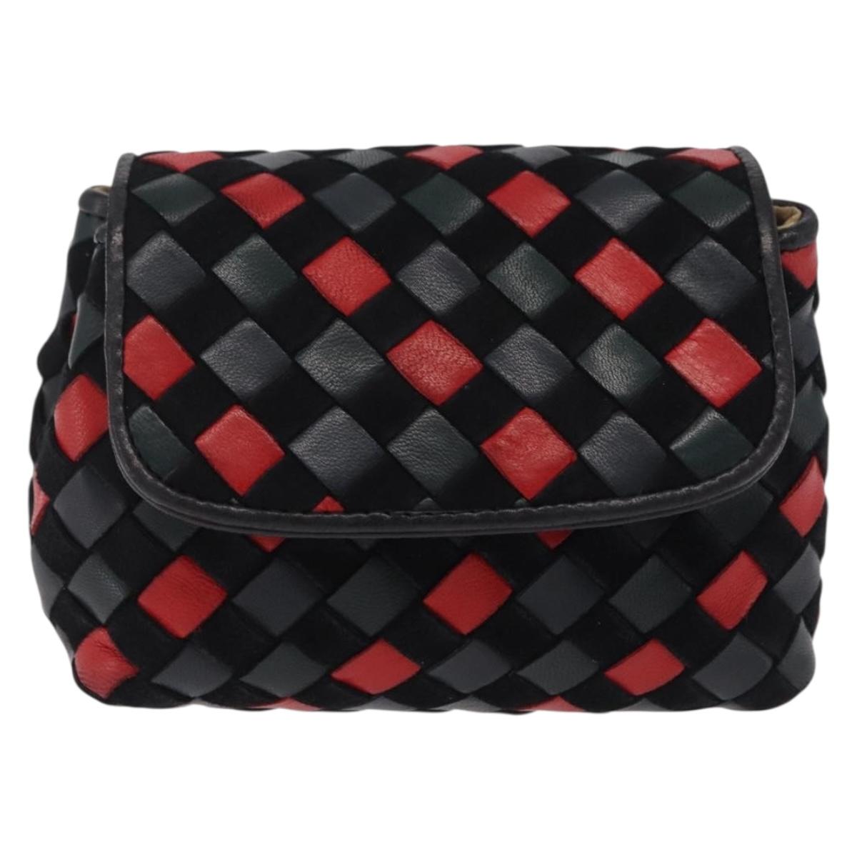 Bottega Veneta INTRECCIATO Chain Shoulder Pouch Leather Black Gold Auth 208281A