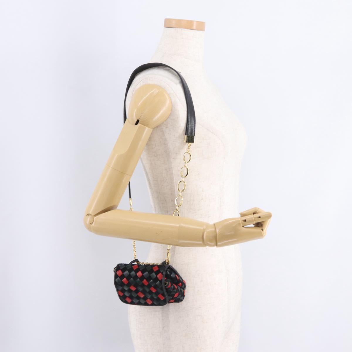 Bottega Veneta INTRECCIATO Chain Shoulder Pouch Leather Black Gold Auth 208281A