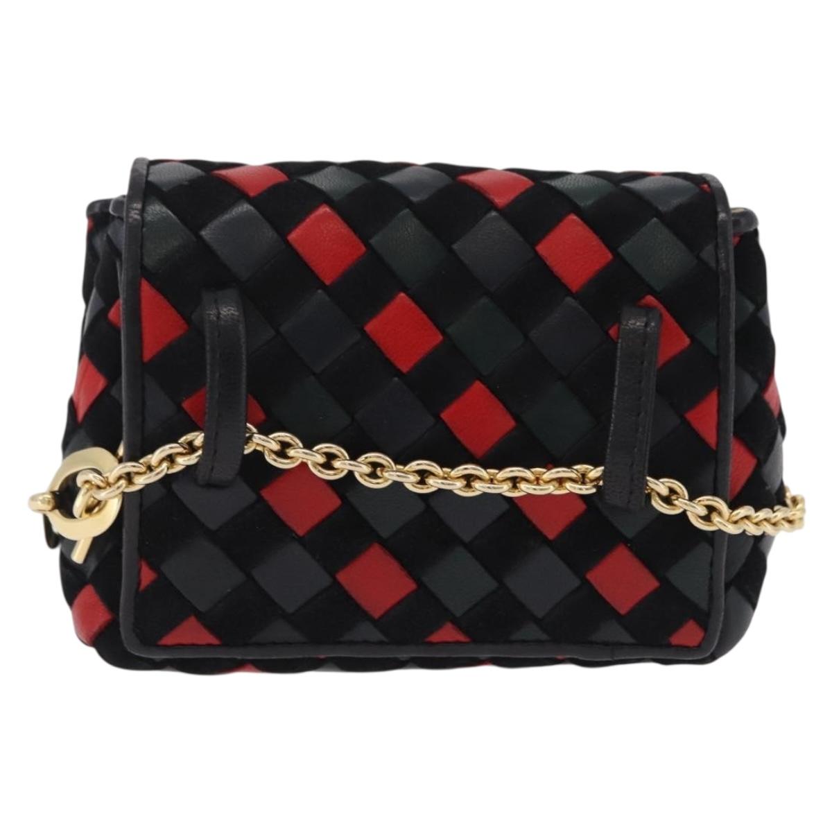 Bottega Veneta INTRECCIATO Chain Shoulder Pouch Leather Black Gold Auth 208281A