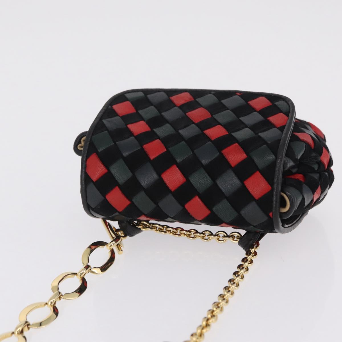 Bottega Veneta INTRECCIATO Chain Shoulder Pouch Leather Black Gold Auth 208281A