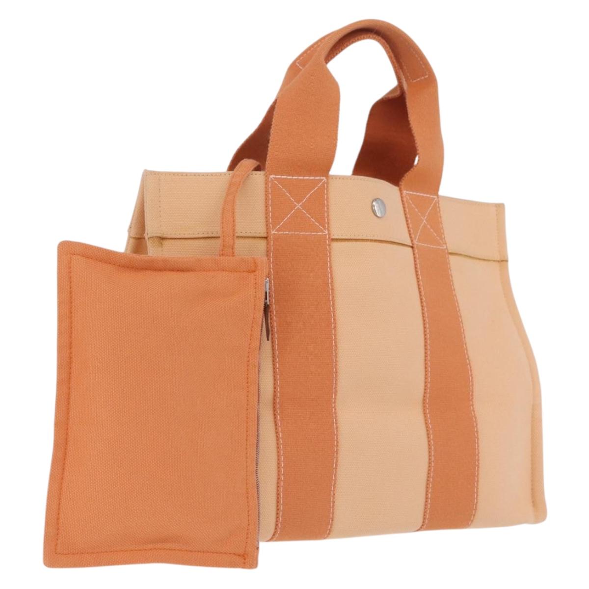 HERMES Coquillage PM Hand Bag Canvas Orange Silver Auth 208285A