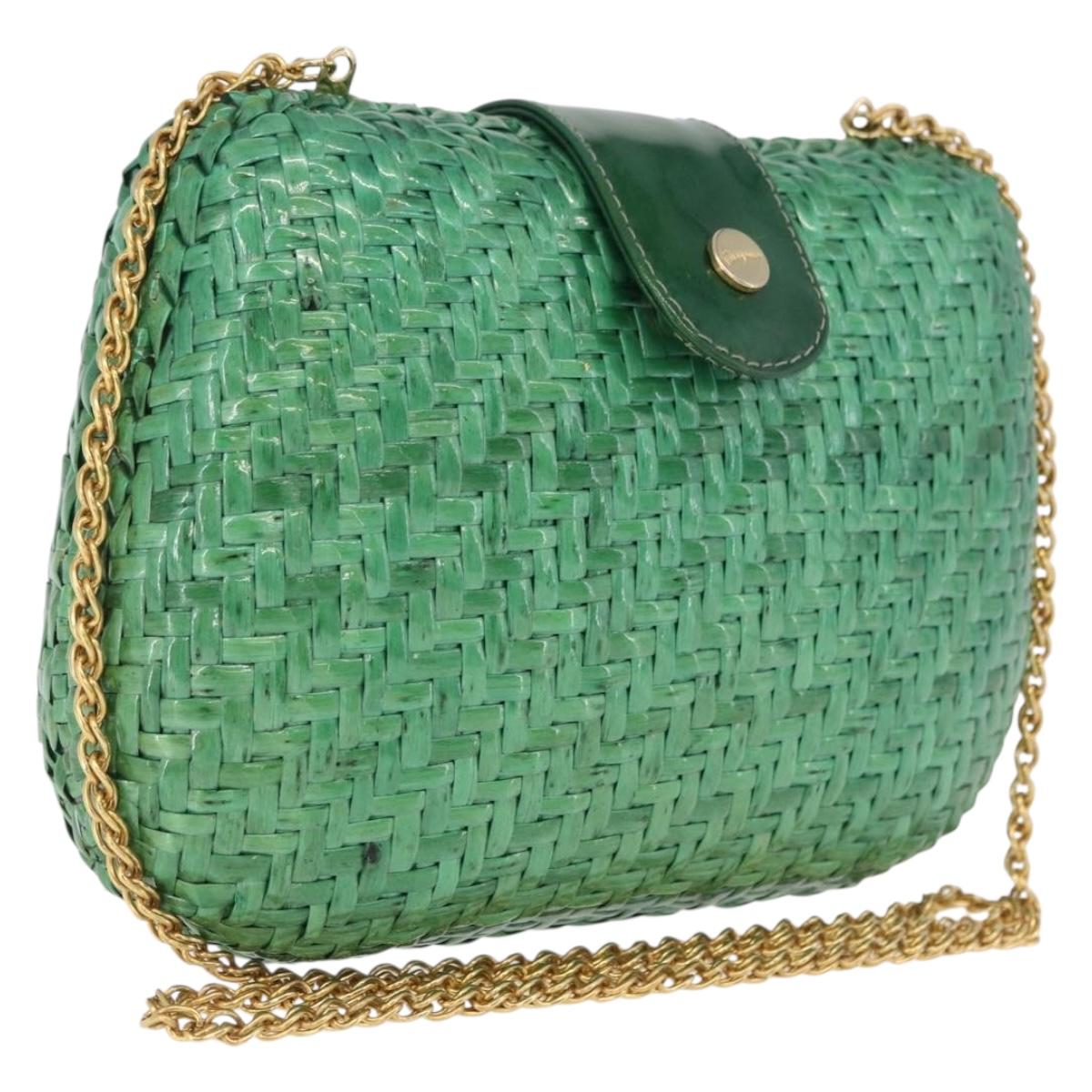 Salvatore Ferragamo Chain Shoulder Bag Raffia Green Gold Auth 208292A