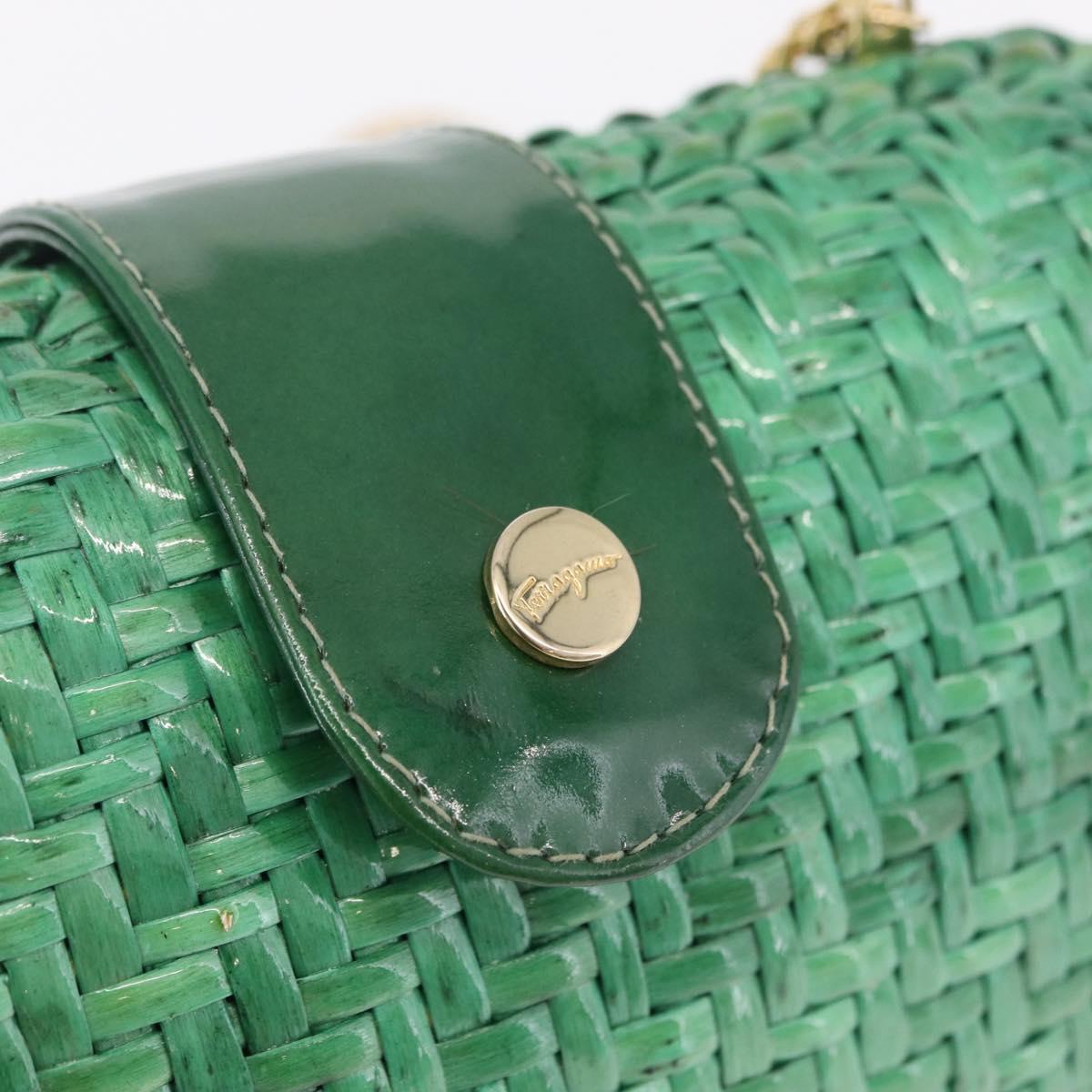 Salvatore Ferragamo Chain Shoulder Bag Raffia Green Gold Auth 208292A