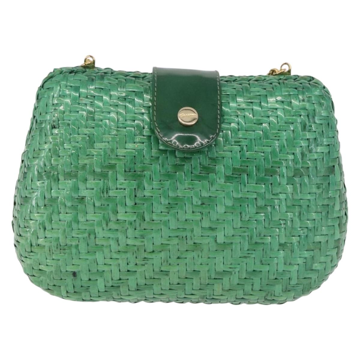 Salvatore Ferragamo Chain Shoulder Bag Raffia Green Gold Auth 208292A