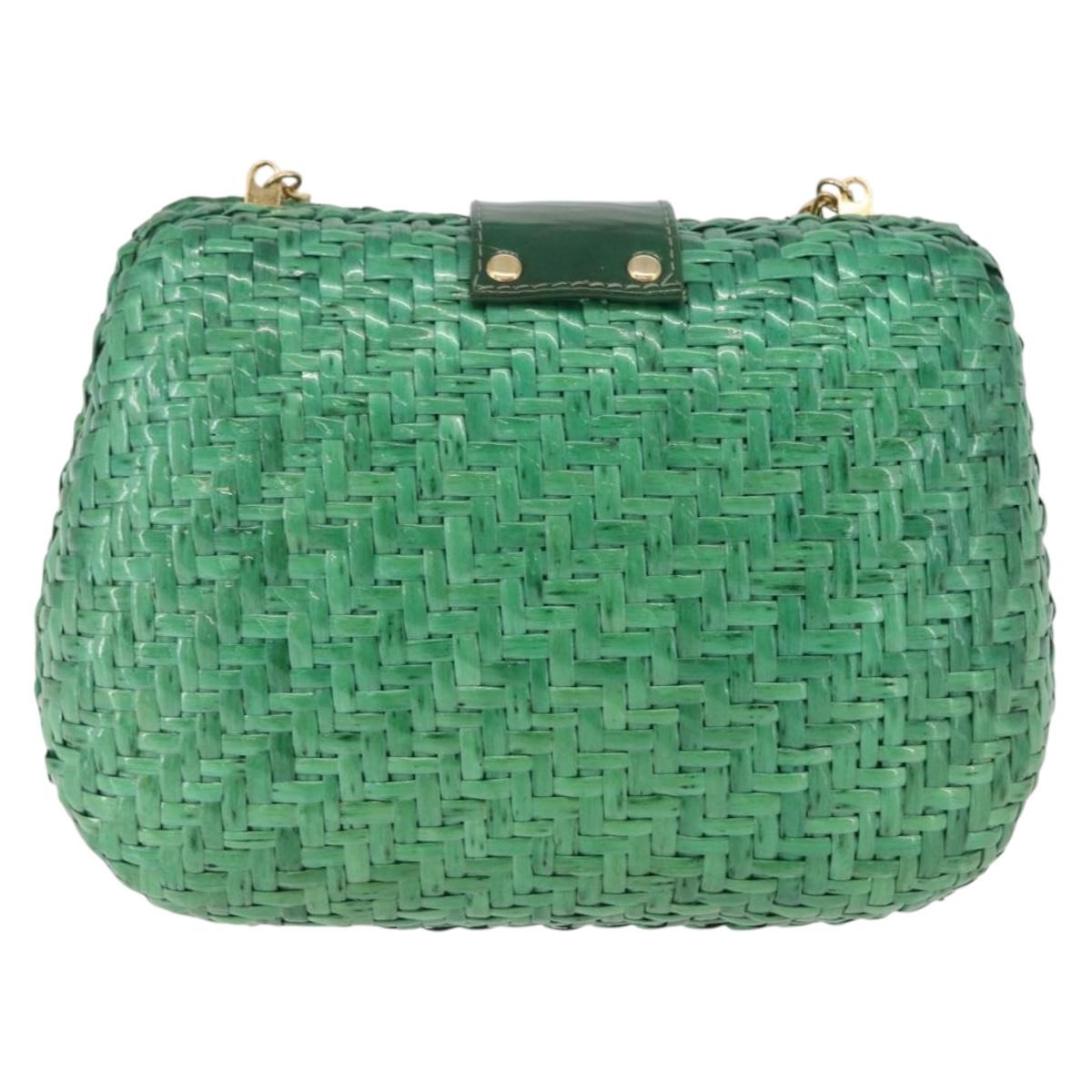 Salvatore Ferragamo Chain Shoulder Bag Raffia Green Gold Auth 208292A