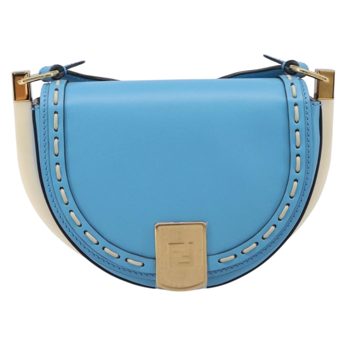 FENDI Moonlight Shoulder Bag Leather Light Blue Gold 8BT346 Auth 208306M