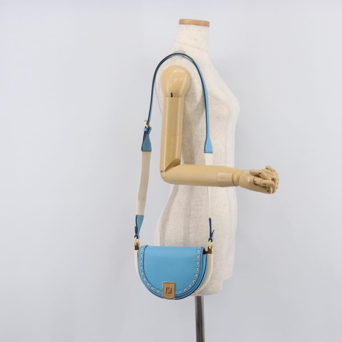 FENDI Moonlight Shoulder Bag Leather Light Blue Gold 8BT346 Auth 208306M