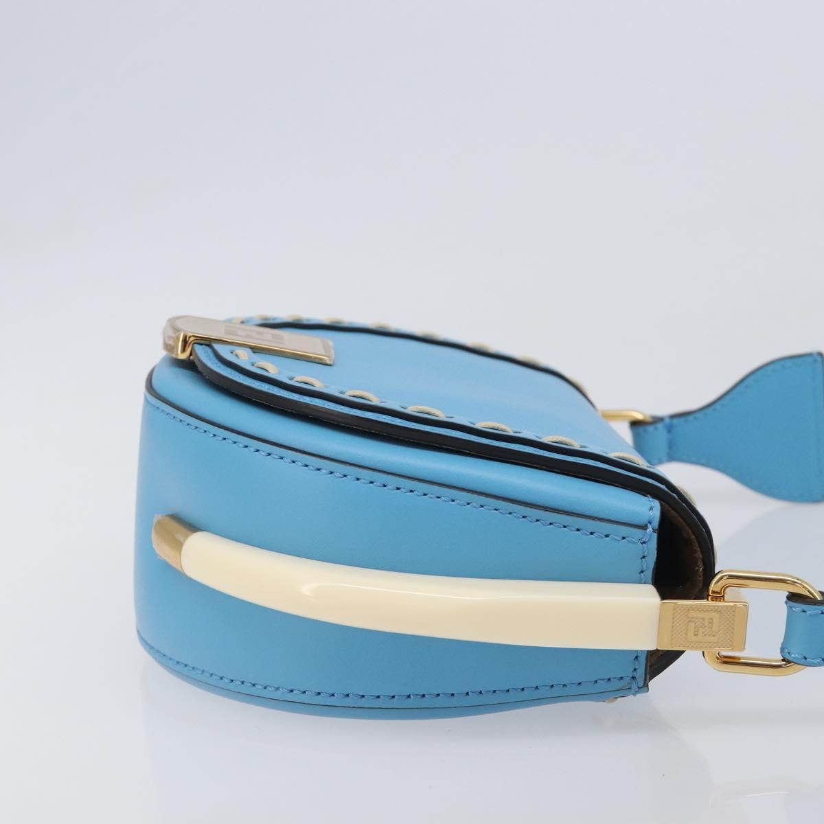 FENDI Moonlight Shoulder Bag Leather Light Blue Gold 8BT346 Auth 208306M