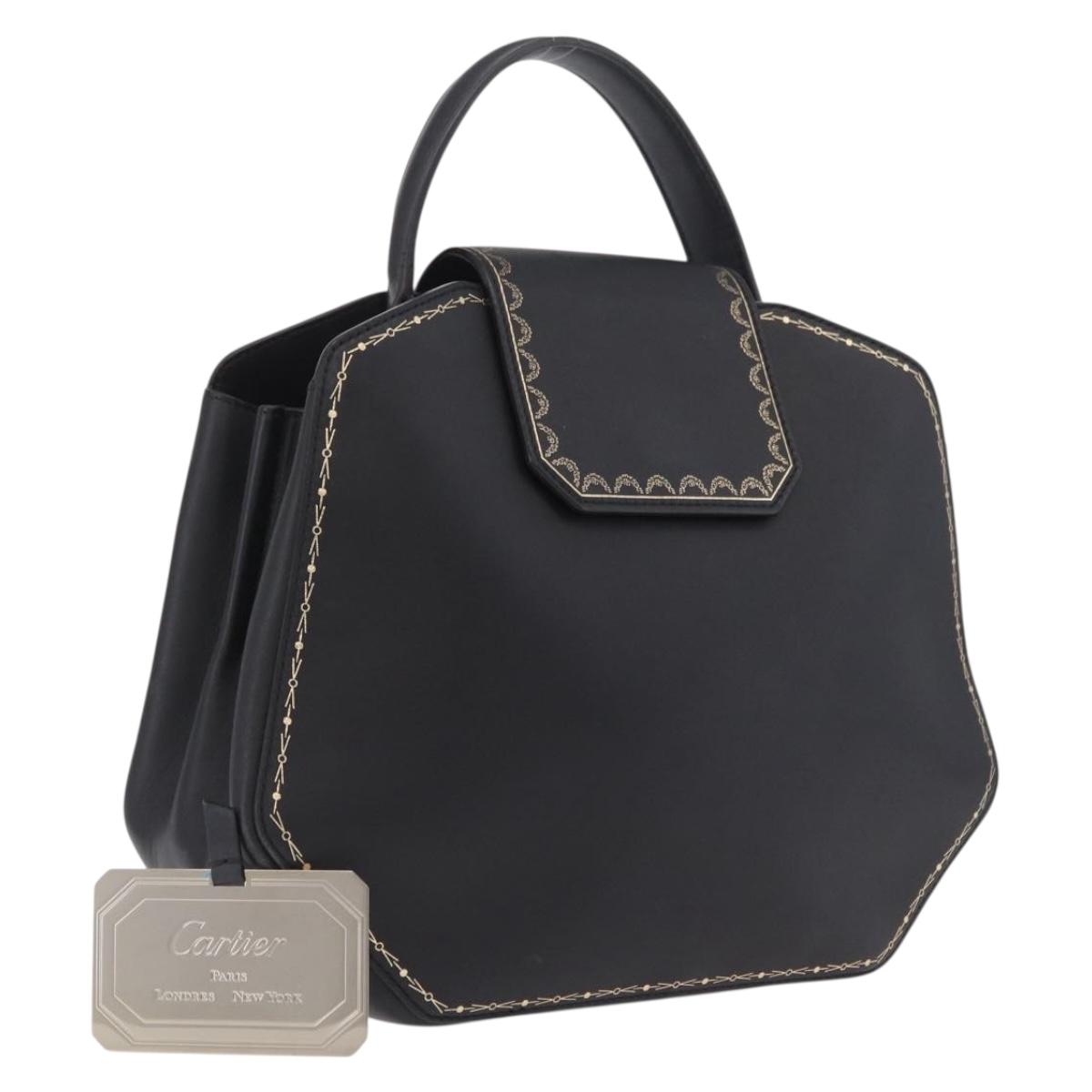 Cartier Garland Cartier Hand Bag Leather Black Gold Auth 208307A