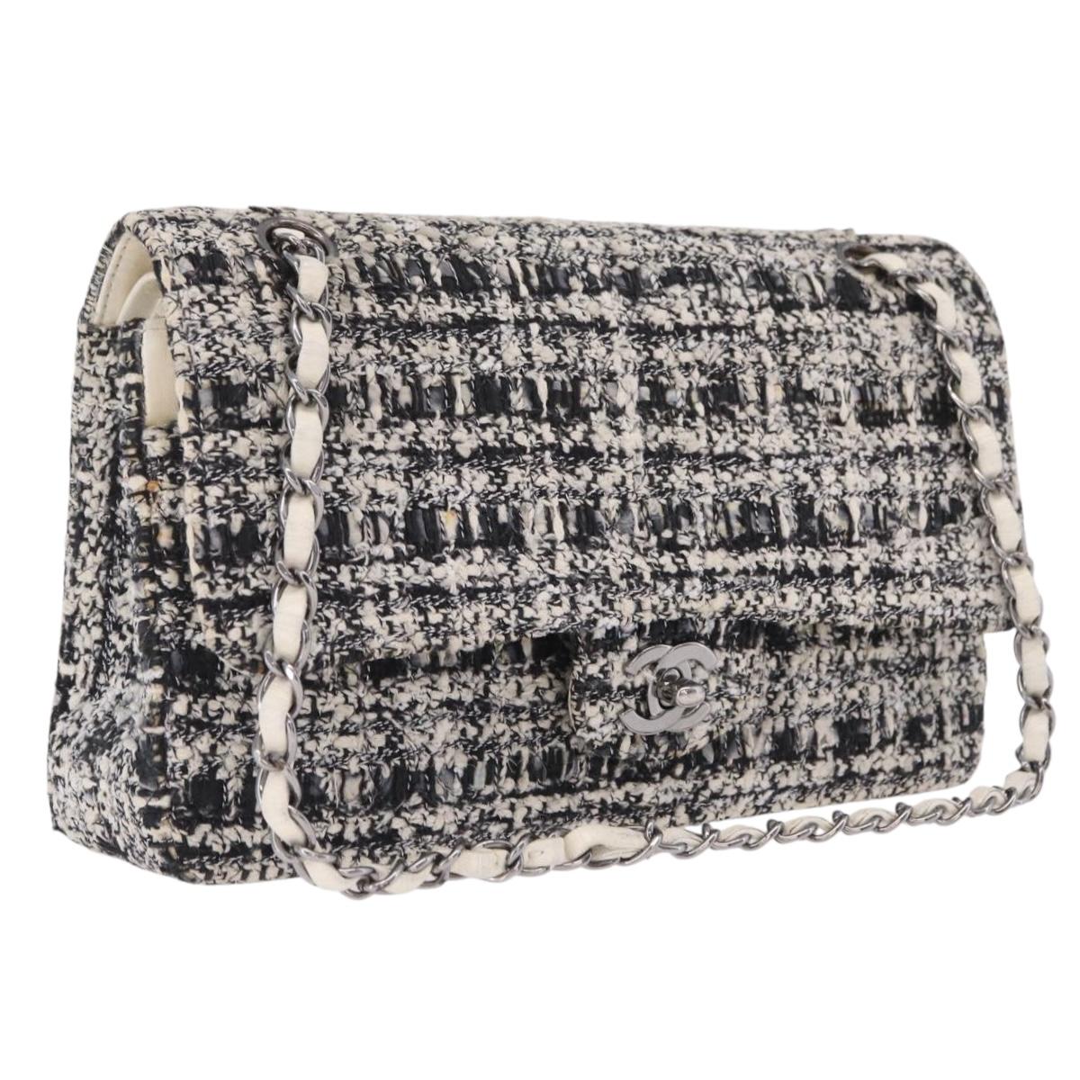 CHANEL Matelasse 25 Chain Shoulder Bag Tweed Black Silver CC Auth 208313SAM