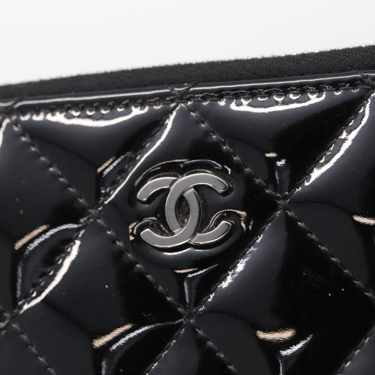 CHANEL Matelasse Wallet Patent leather Black Silver CC Auth 208329A