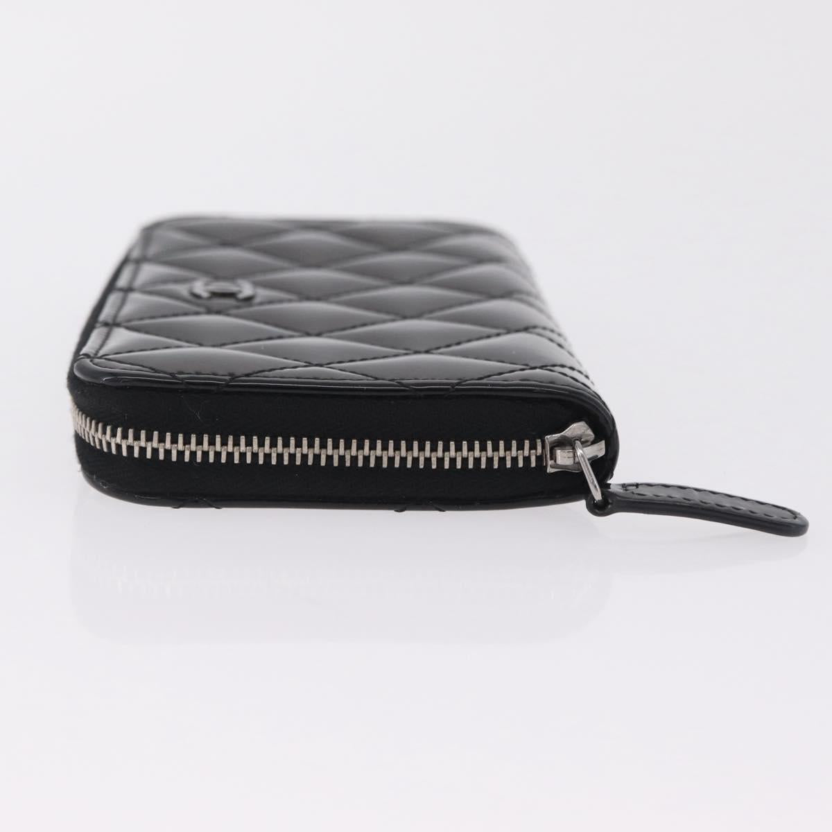 CHANEL Matelasse Wallet Patent leather Black Silver CC Auth 208329A