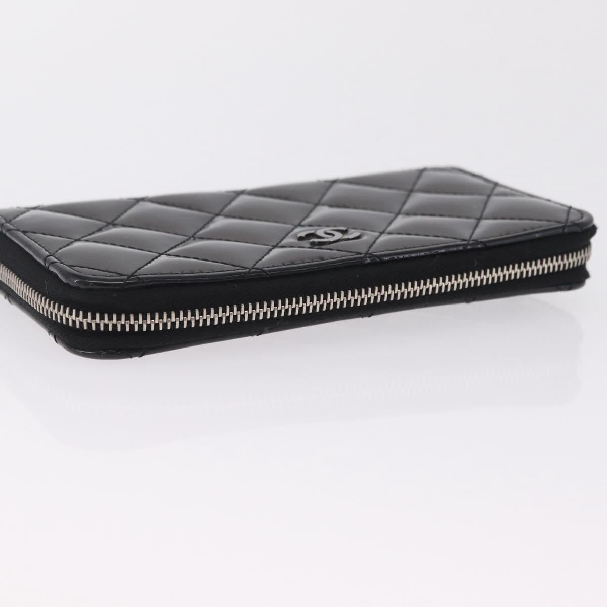 CHANEL Matelasse Wallet Patent leather Black Silver CC Auth 208329A