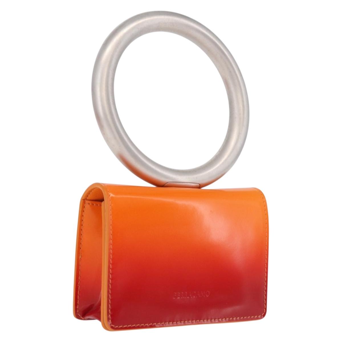 Salvatore Ferragamo Metal Hand Pouch Patent leather Orange Silver Auth 208342M