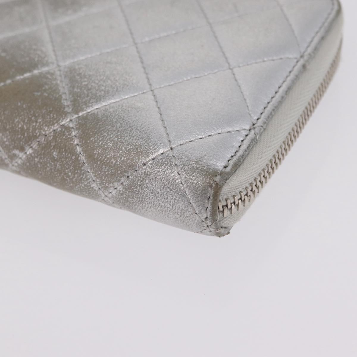 CHANEL Matelasse Long Wallet Lamb Skin Silver CC Auth 208350