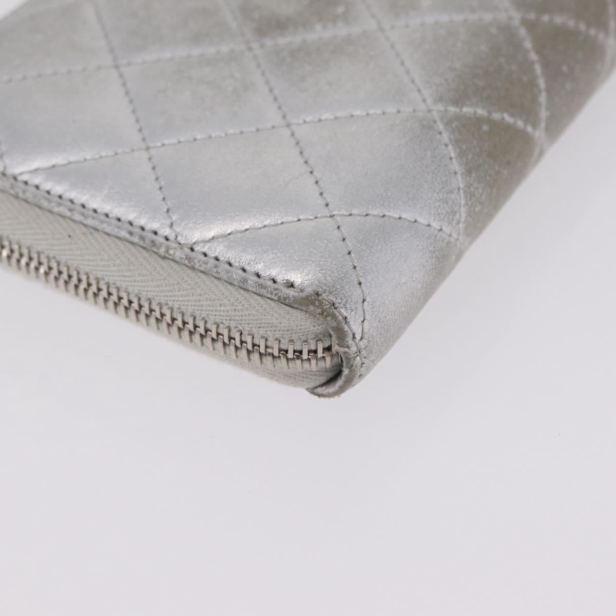 CHANEL Matelasse Long Wallet Lamb Skin Silver CC Auth 208350