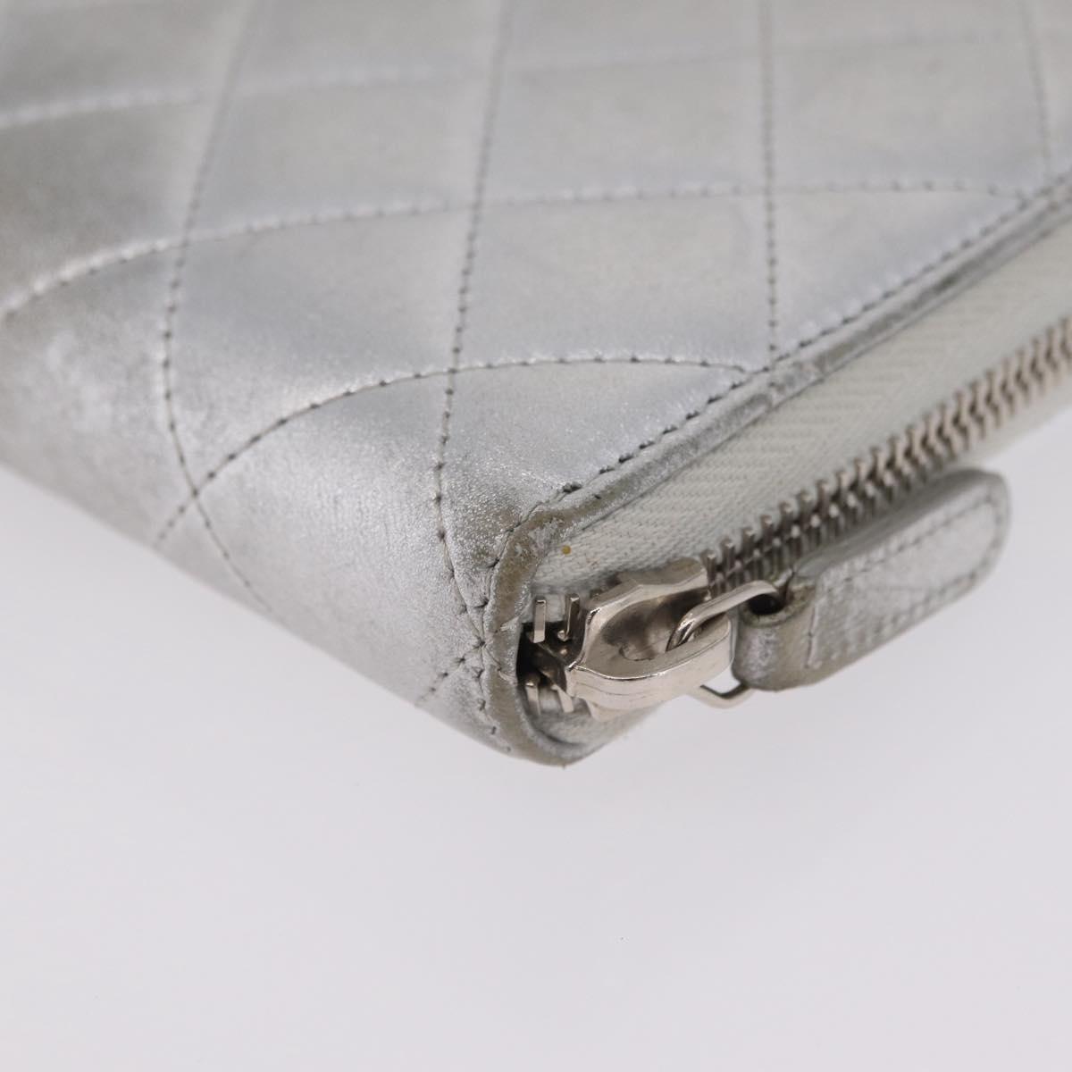 CHANEL Matelasse Long Wallet Lamb Skin Silver CC Auth 208350