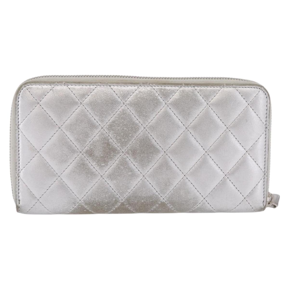 CHANEL Matelasse Long Wallet Lamb Skin Silver CC Auth 208350