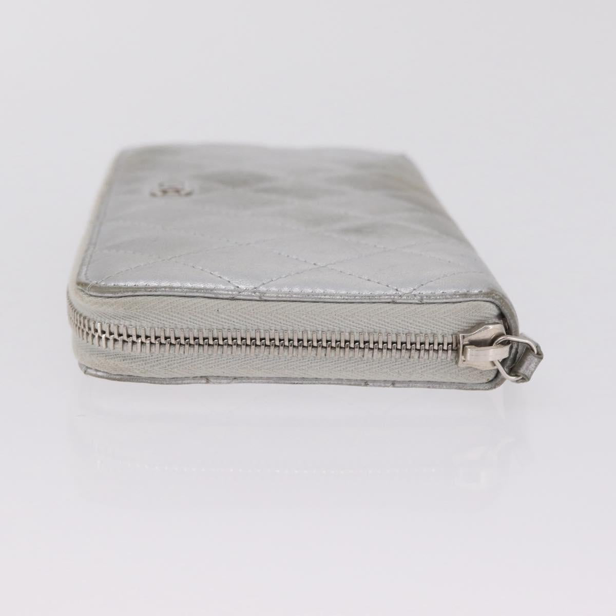 CHANEL Matelasse Long Wallet Lamb Skin Silver CC Auth 208350